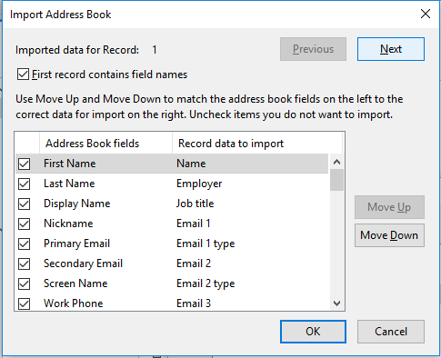 check contact data to import