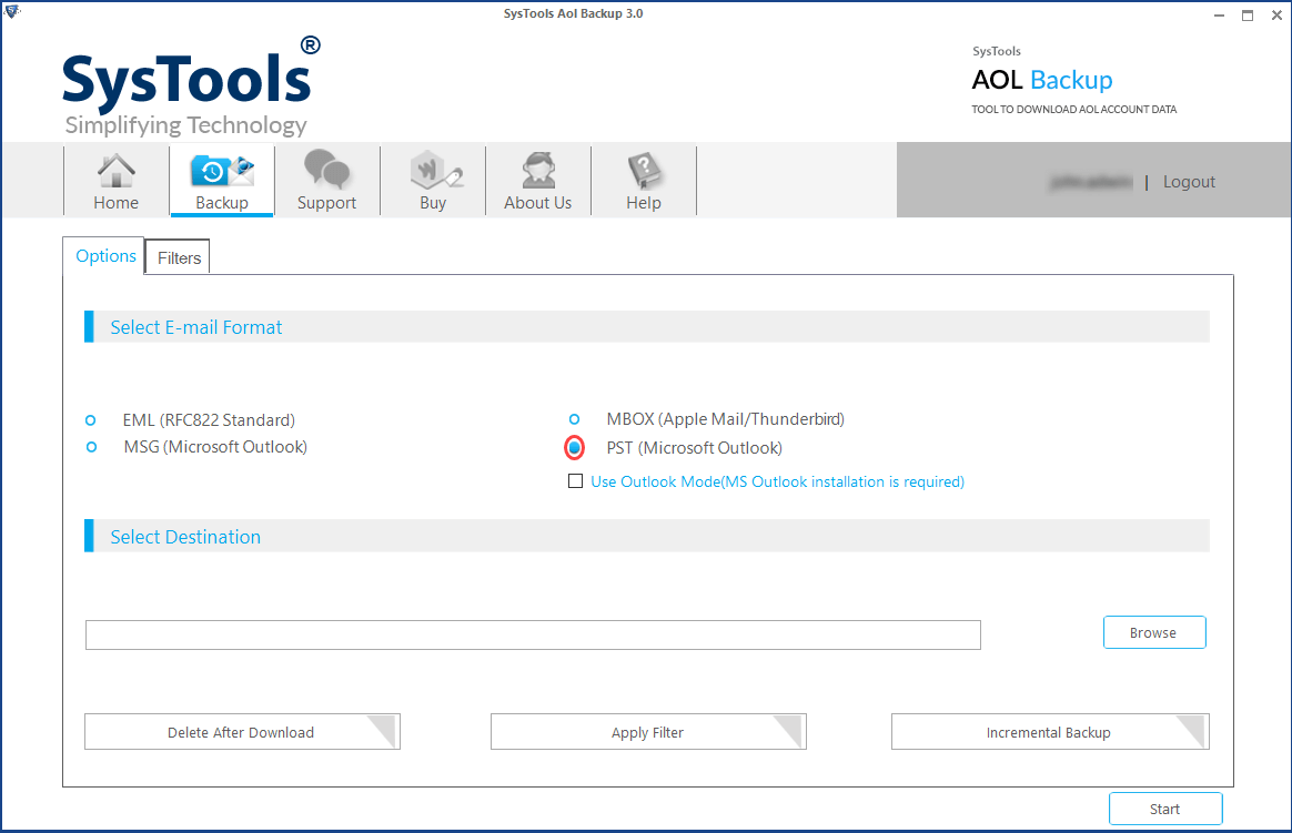 select PST format to export AOL emails