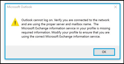 Outlook cannot log on. Verify you are connected to the network