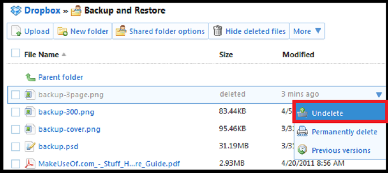 restore files dropbox