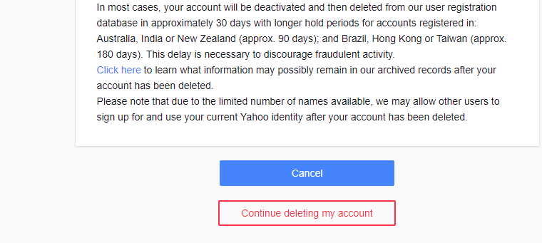 Option to delete Yahoo account