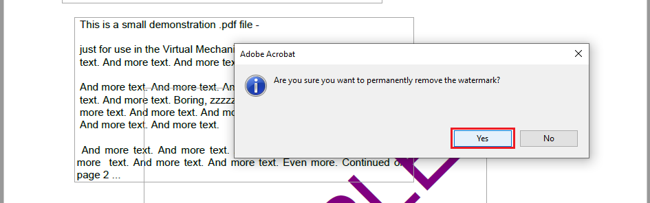click Yes to remove draft watermark