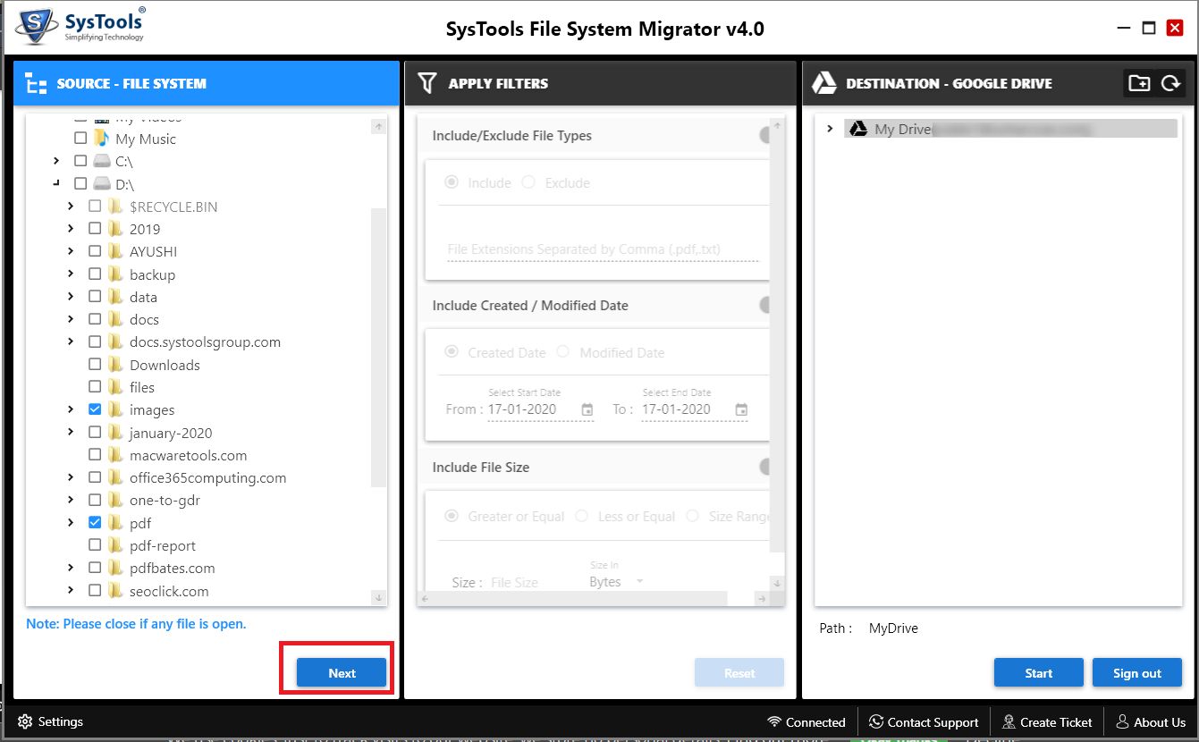 select desired files/folder