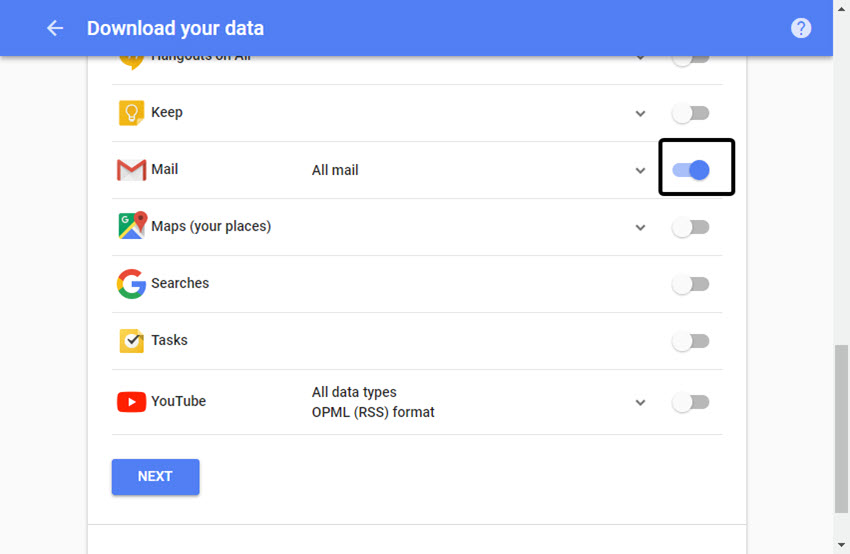 select the mail option to download data from google account