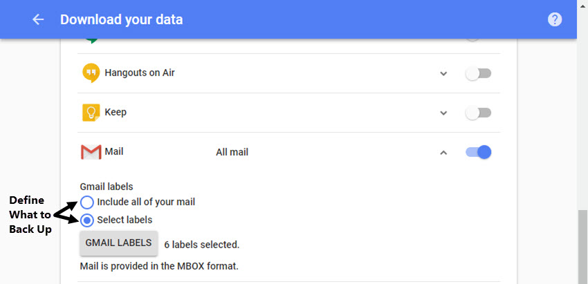 customize delivery method, archive type, and size to download google account data