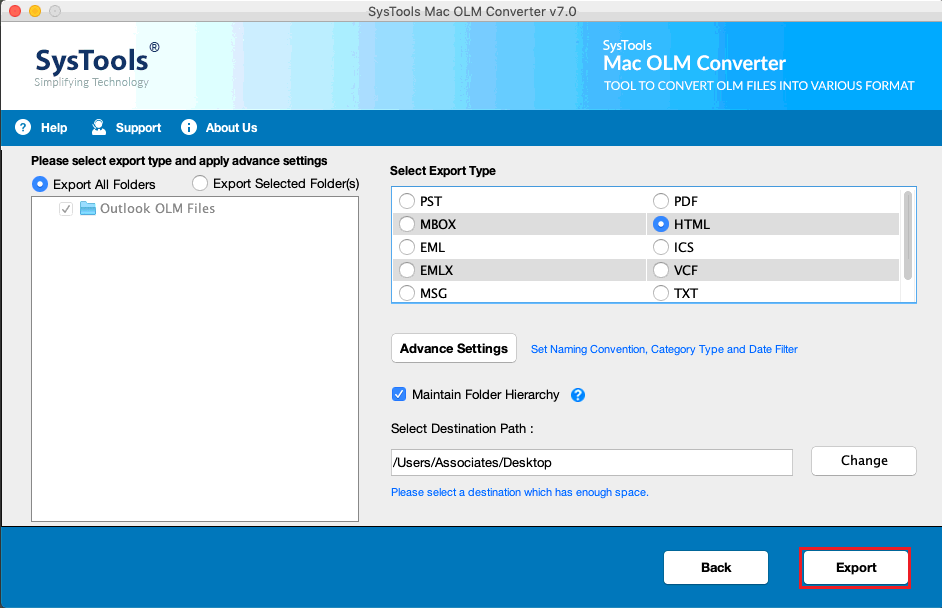 Click on Export to save Outlook email as HTML Mac