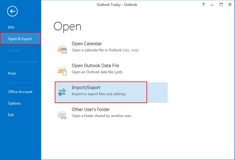 import export option in outlook