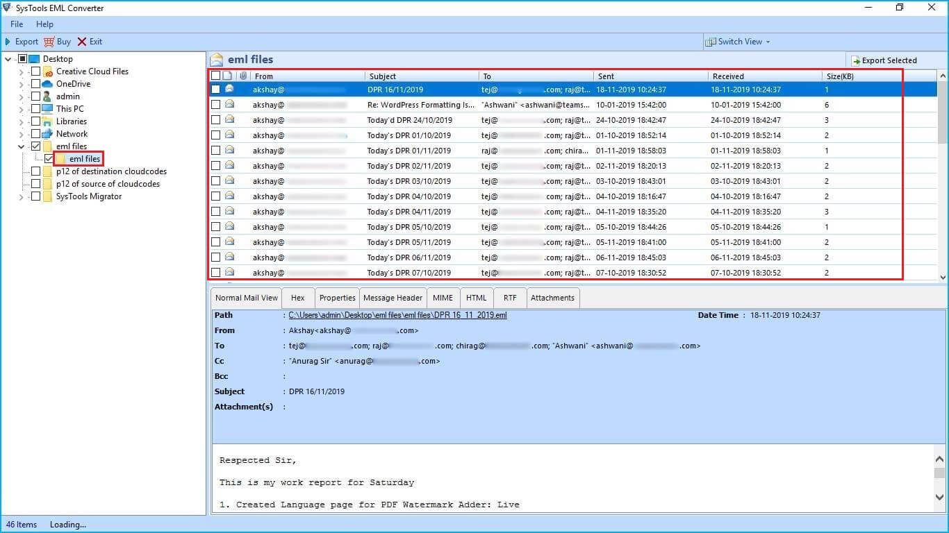 select eml file from the list of files