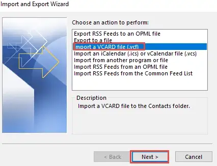 Import a vCard file option
