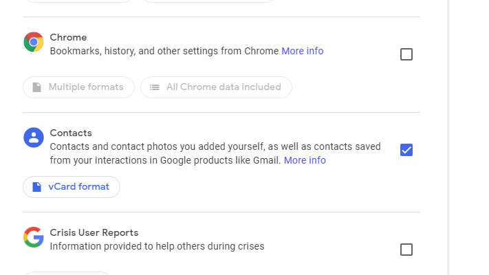 select contacts to export google takeout