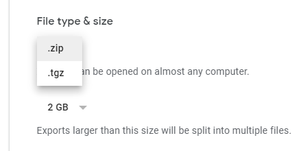 select file size and file type in google takeout