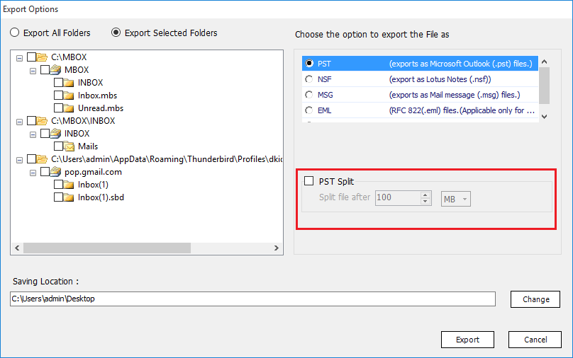 break the MBOX files into multiple PST file