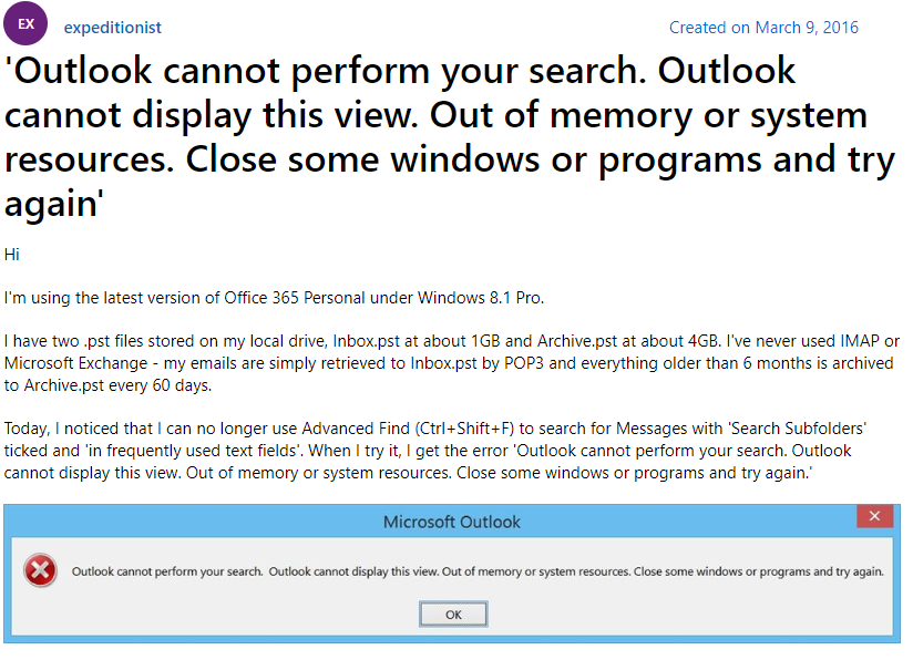 outlook cannot perform your search
