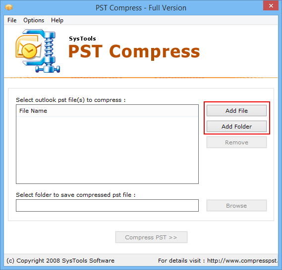 Choose Add file or folder to add your PST files.