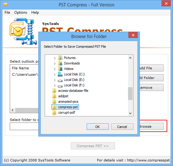 Hit on the browse option to save the compressed pst file and click on ok button.